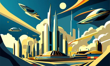 Güzel bir retro tarzı panorama, merkezinde fantastik bir bina ve bulutlarda uçan yıldız gemileri..