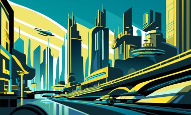 Geleceğin parlak güneş ışığıyla aydınlatılmış yüksek binalarla çevrili bir şehrinin teması üzerine soyut bilgi grafikleri.