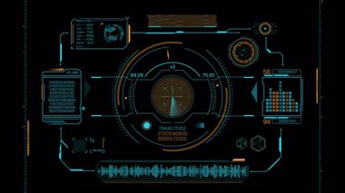 Bilgi işleme yüksek teknolojili bir arayüzde HUD ve infografik elementlerle, alfa kanalında animasyon.