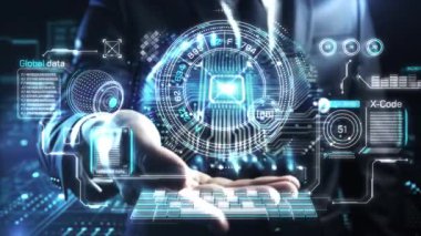 İşadamı gelecekteki hologram arayüzü ile etkileşimde, küresel verileri, x-kodlarını ve diğer dijital bilgileri görselleştiriyor.