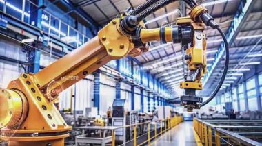 Gelişmiş bir fabrika ortamında, verimliliği ve kontrolü artırmak için geliştirilmiş gerçeklik arayüzleri ile geliştirilmiş modern robotik kol görevlerini yerine getiriyor..