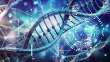 Gelecekçi arayüz DNA yapısını analiz ediyor, ileri biyoteknoloji araştırmaları ve genetik mühendisliği sembolize ediyor..