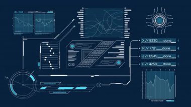 Yüksek teknolojili ekranda HUD ve infografik elementlerle veri işleme, alfa kanalında animasyon.