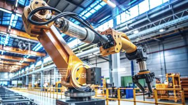 Gelişmiş gerçeklik arayüzü ile çalışan modern robotik kol akıllı bir fabrikada, otomasyon ve gelişmiş teknoloji sergiliyor..