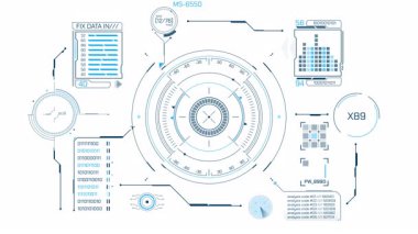 HUD ve bilgi grafikleri elemanları ile yüksek teknolojili bir ekranda dijital verilerle çalışmak, alfa kanalında animasyon.