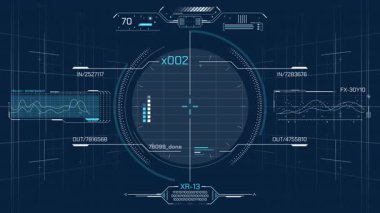 HUD ve bilgi grafikleri elemanları ile yüksek teknolojili bir arayüzde dijital verilerin analizi, alfa kanalında animasyon.