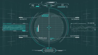 Yüksek teknolojili bir arayüzde HUD ve infografik elementlerle dijital veri işleme, alfa kanalında animasyon.