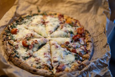 Domatesli, peynirli ve Mozzarella peynirli pizza. Yüksek kalite fotoğraf