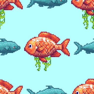 Açık mavi bir arkaplan üzerinde deniz yosunu yakınında yüzen turuncu balıklar