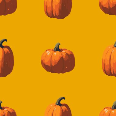 Hardal sarısı arka planda sonbahar balkabaklarıyla kusursuz vektör deseni