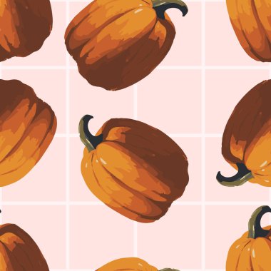 Açık pembe şebeke arka planında sonbahar balkabakları ile kusursuz vektör deseni