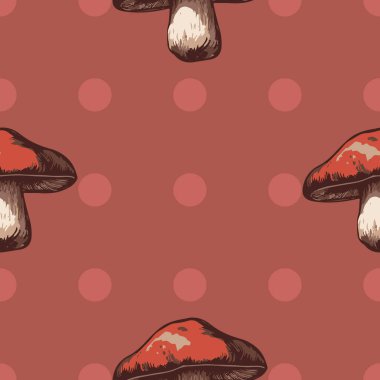 Mantarsız mantar deseni. Polka nokta, ızgara ve bej, sarı, kahverengi ve kırmızı renklerde düz arkaplan tasarımları. Kumaşlar, duvar kağıtları ve dijital projeler için mükemmel.