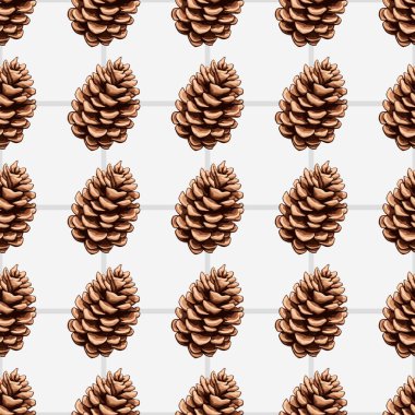 Sarı zemin üzerinde çam kozalakları ve köknar dalları olan kusursuz vektör deseni, kış tatili tasarımı