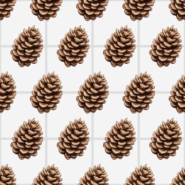 Sarı zemin üzerinde çam kozalakları ve köknar dalları olan kusursuz vektör deseni, kış tatili tasarımı