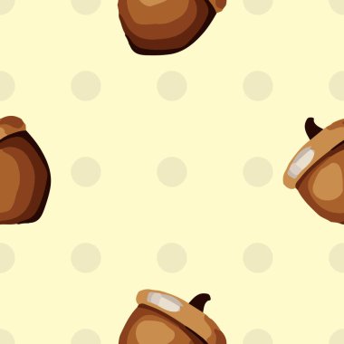 Sarı arka planda meşe palamudu, kozalak ve sonbahar yaprakları ile kusursuz vektör deseni, sonbahar sezonu tasarımı