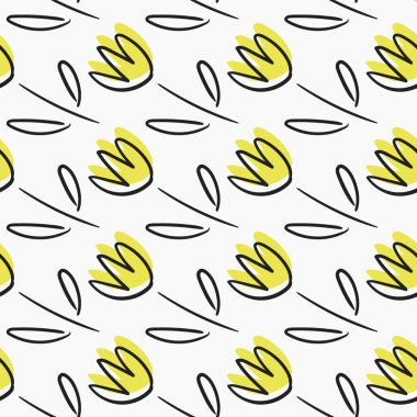 Minimalist karalama laleleri ve beyaz arka planda kalpleri olan kusursuz vektör deseni