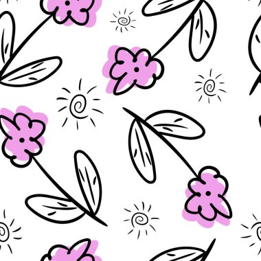 Beyaz zemin üzerinde karalama çiçekleri, yapraklar ve güneş olan kusursuz vektör deseni