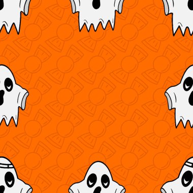 Cadılar Bayramı için turuncu arka planda izole edilmiş ürkütücü ve sevimli hayalet çizimleriyle kusursuz vektör deseni.