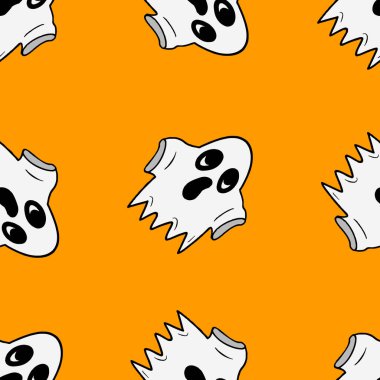 Cadılar Bayramı için turuncu arka planda izole edilmiş ürkütücü ve sevimli hayalet çizimleriyle kusursuz vektör deseni.