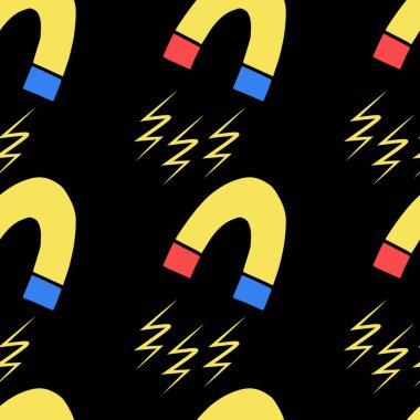 Okula, siyah arka planda izole edilmiş eğitim malzemelerini içeren kusursuz vektör desenli.