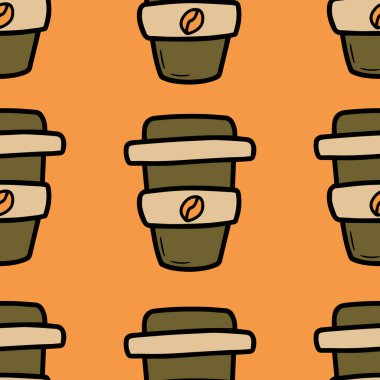 Kahve fincanıyla sonbahar kusursuz vektör deseni. Basit karalama biçimi
