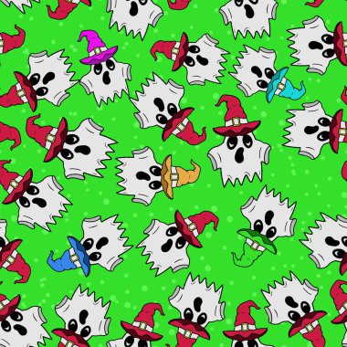 Hayalet ve renkli cadı şapkalarıyla kusursuz vektör Cadılar Bayramı deseni. Basit karalama biçimi