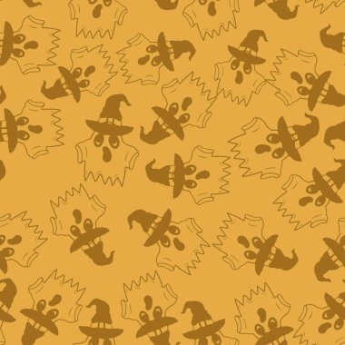 Hayalet ve renkli cadı şapkalarıyla kusursuz vektör Cadılar Bayramı deseni. Basit karalama biçimi