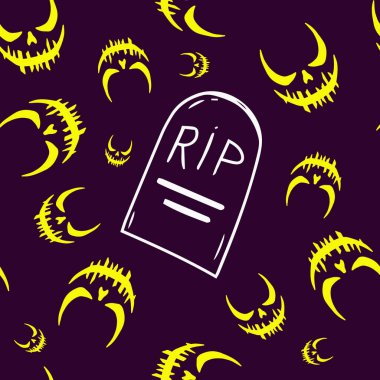 Jack 'in gülüşü ve mezar taşlarıyla kusursuz Cadılar Bayramı şablonu. Basit karalama stili. İzole edilmiş arkaplan.