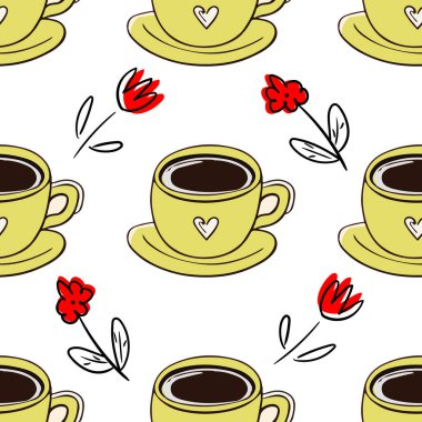 Sonbahar ve kış renksiz kahve ya da çay eşliğinde pürüzsüz vektör deseni. Basit karalama biçimi