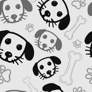 Şirin, tüylü köpekler ve köpek mamasıyla kusursuz vektör deseni, patiler. Basit karalama biçimi