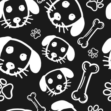 Şirin, tüylü köpekler ve köpek mamasıyla kusursuz vektör deseni, patiler. Basit karalama biçimi