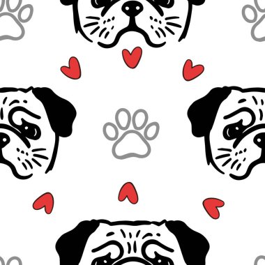 Şirin, tüylü köpek ve köpek mamasıyla kusursuz vektör deseni, pençeler. Basit karalama stili. Siyah ve beyaz