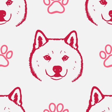 Yumuşak tüylü Japon Akita Inu köpekleri ve köpek mamasıyla kusursuz vektör deseni, patiler. Basit karalama biçimi.