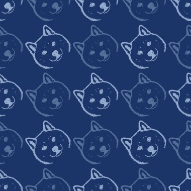 Yumuşak tüylü Japon Akita Inu köpekleri ve köpek mamasıyla kusursuz vektör deseni, patiler. Basit karalama biçimi.