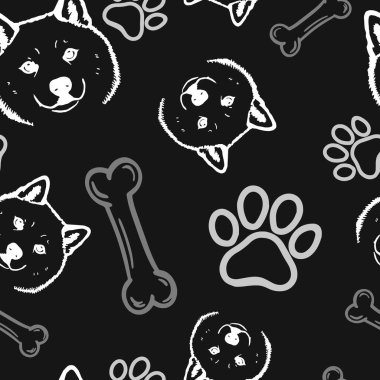 Yumuşak tüylü Japon Akita Inu köpekleri ve köpek mamasıyla kusursuz vektör deseni, patiler. Basit karalama biçimi.