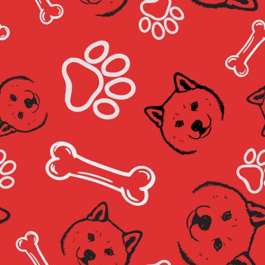 Yumuşak tüylü Japon Akita Inu köpekleri ve köpek mamasıyla kusursuz vektör deseni, patiler. Basit karalama biçimi.