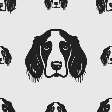 Sevimli, kusursuz vektör desenli İngiliz spanyel köpekleri ve köpek maması, patiler. Basit karalama biçimi.