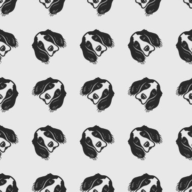 Sevimli, kusursuz vektör desenli İngiliz spanyel köpekleri ve köpek maması, patiler. Basit karalama biçimi.