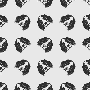 Sevimli, kusursuz vektör desenli İngiliz spanyel köpekleri ve köpek maması, patiler. Basit karalama biçimi.