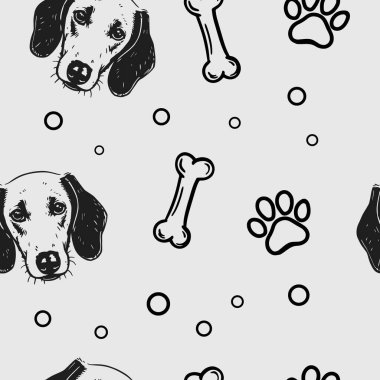 Şirin, tüylü köpekleri olan kusursuz bir vektör deseni. Basit karalama biçimi.