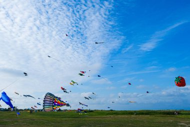 Mavi gökyüzünde çeşitli renkli uçurtmalar uçuşuyor. Yüksek kalite fotoğraf