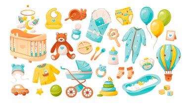 Oğlan oldu. Bebek partisi afişi ya da tebrik kartı. Yeni doğan bebek bakımı için eşyalar. Çizgi film vektör illüstrasyonu.