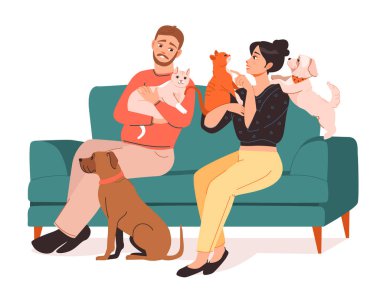 Hayvan sahipleri. Genç bir çift evcil hayvanlarıyla kanepede oturuyor. Kediler ve köpekler kanepede. Düz vektör illüstrasyonu.