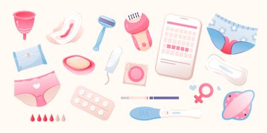 Kadınsal hijyen ürünleri seti, adet bardağı, tampon, ped, hamilelik testi, prezervatif. Adet döngüsü. Kadın Sağlığı. Vektör illüstrasyonu