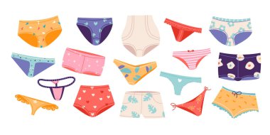 Kadın külotu seti. Kadın iç çamaşırı tipleri. İp, tanga, bikini, arsız, hippi, ince donlar. Düz vektör illüstrasyonu