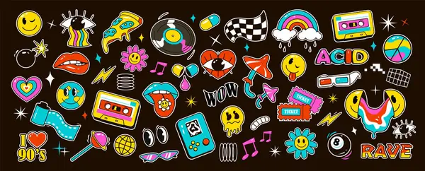 Acid Rave Set Psychedelic Trippy Acidic Abstract Characters Objects Set — Stock Vector