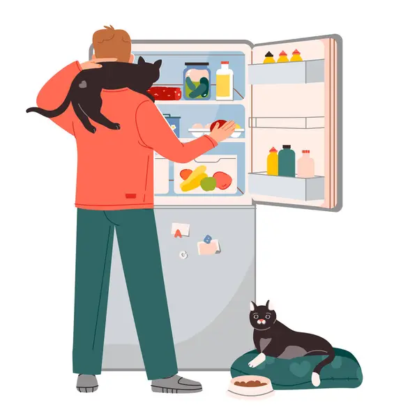 Ein Hungriger Mann Mit Einer Katze Checkt Den Kühlschrank Mit — Stockvektor