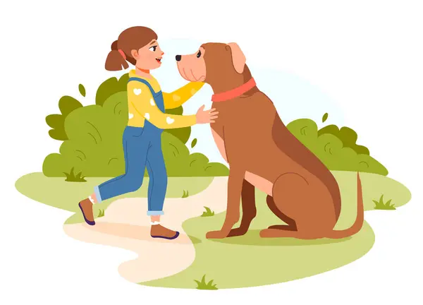 Ein Kleines Mädchen Spielt Mit Einem Hund Park Haustierbesitzer Flache — Stockvektor