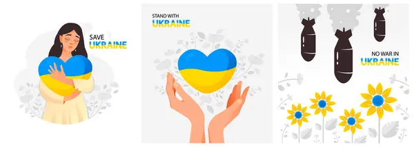 Conjunto Postales Dedicadas Ucrania Apoyo Ucrania Guerra Apoyar Ucrania Ayudar — Archivo Imágenes Vectoriales
