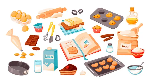 Uppsättning Bakning Ingredienser Produkter Och Köksredskap För Matlagning Bakning Recept — Stock vektor